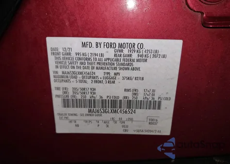 2021 Ford Ecosport Se из США, поврежденный, VIN MAJ6S3GLXMC456524